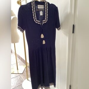 Adolfo Navy Blue Midi Dress with Cream Trim